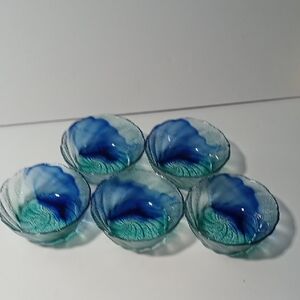 Elegant Blue Swirl Japanese Glass Bowls Set Of Five